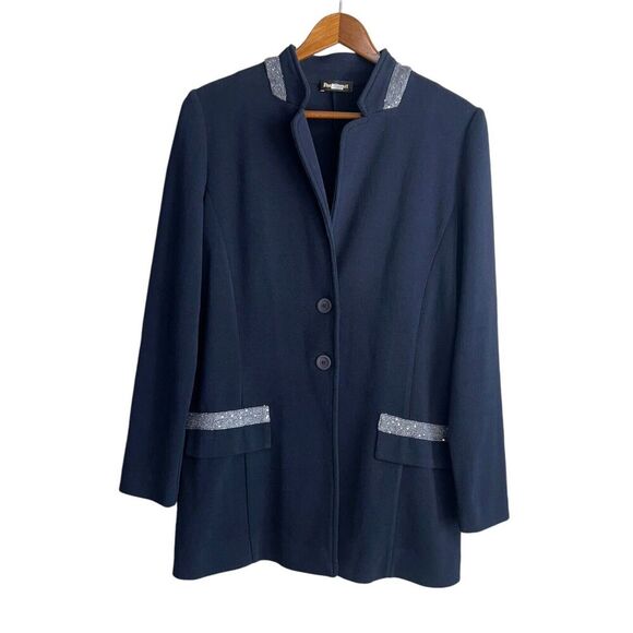 PAUL STUART Blazer Womens 46 / 8 NAVY linen Blend Knit Jacket Career Sequin Trim - Picture 1 of 8
